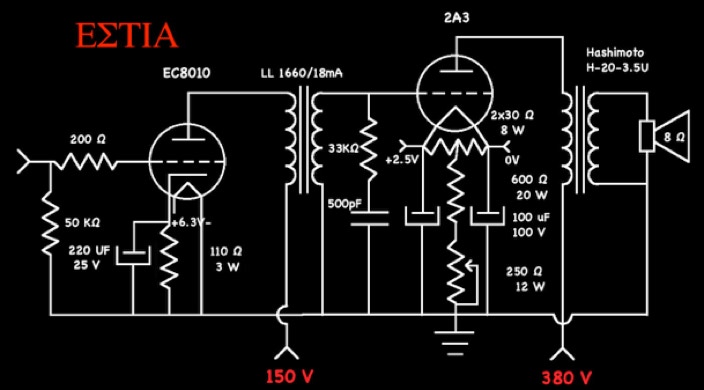 Schematic of EC8010, 2A3 SE amp with intrstage LL1660 Transformer.