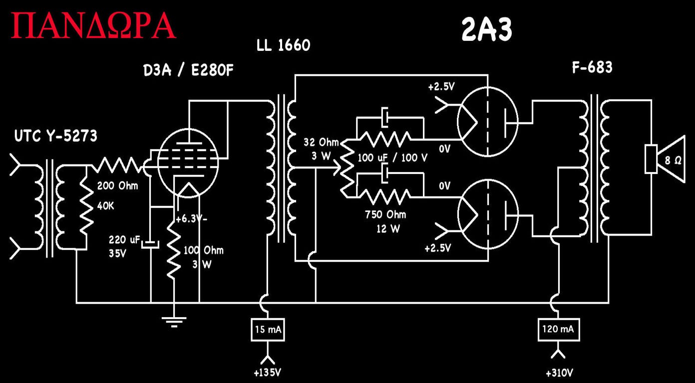 Schematic of D3A, 2A3 PP amp with Tamura F-683 output transformers.