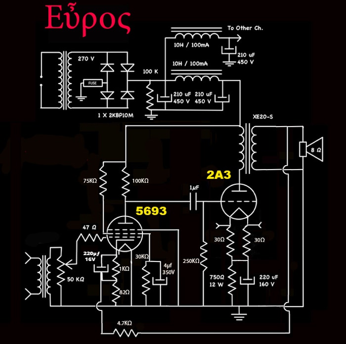 Schematic of 5693, 2A3 SE amplifier with Tango XE-20S output reansformers.